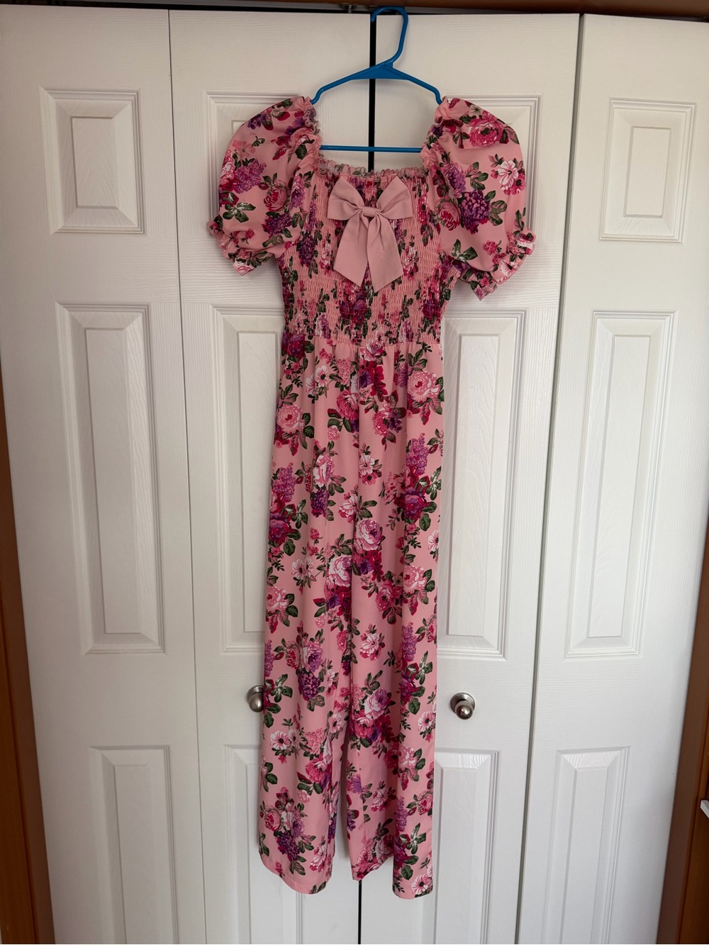 Girls Pink Floral Puff-Sleeve Dress with Bow